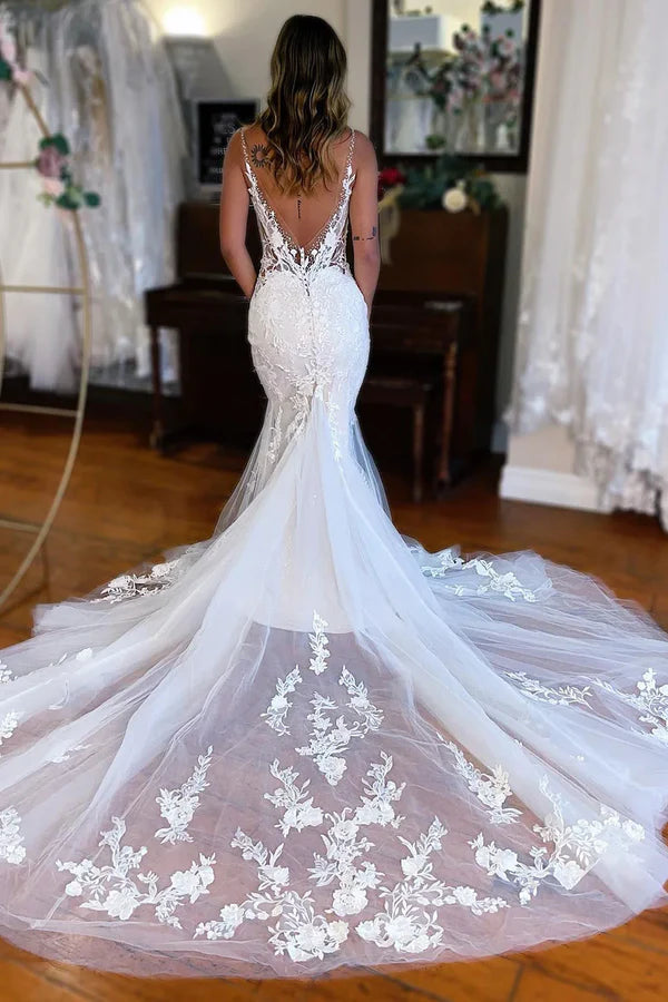 Luolandi Mermaid V-Neck Long Lace Wedding Dress V-neck Open Back Sexy