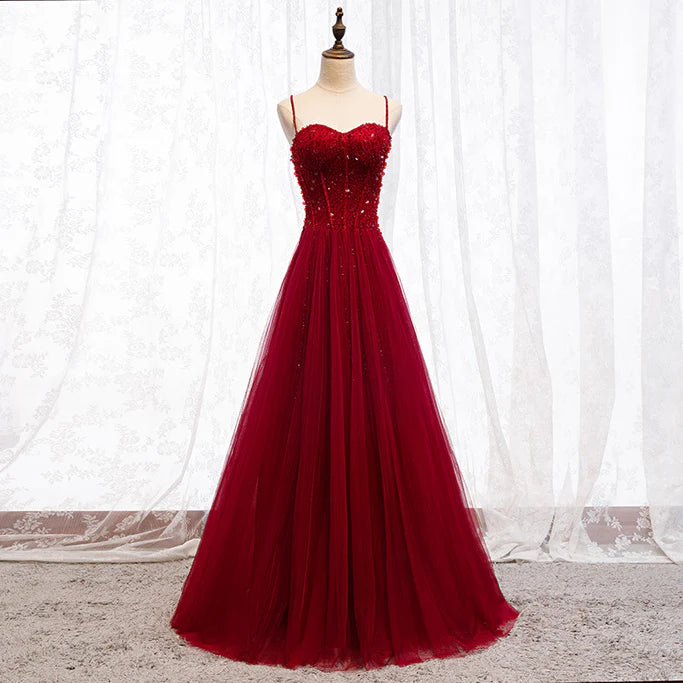 Luolandi Straps Dark Red Beaded Sweetheart Long Formal Dress Junior Prom Dress A Line december wedding guest dress