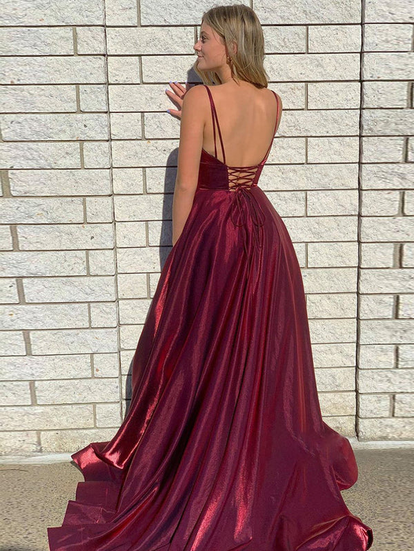 Luolandi Dark Red Satin A Line Tight Long Prom Dress With Slit Sexy Evening Dress