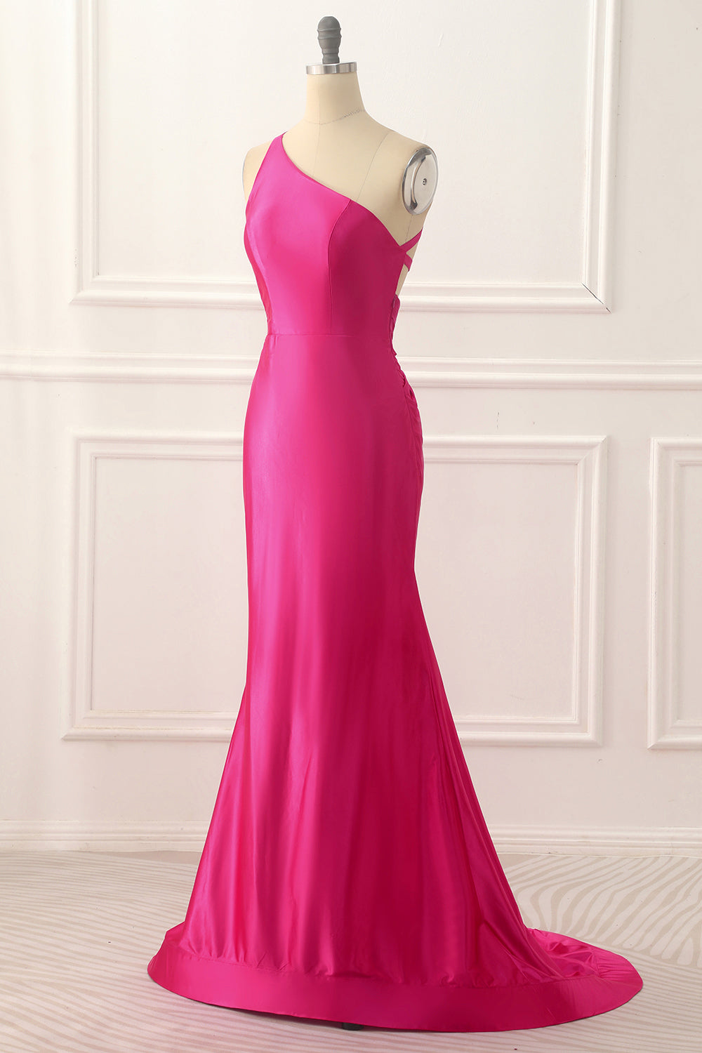Luolandi One Shoulder Hot Pink Satin Backless Long Prom Dress Sexy Evening Dress Party Dress