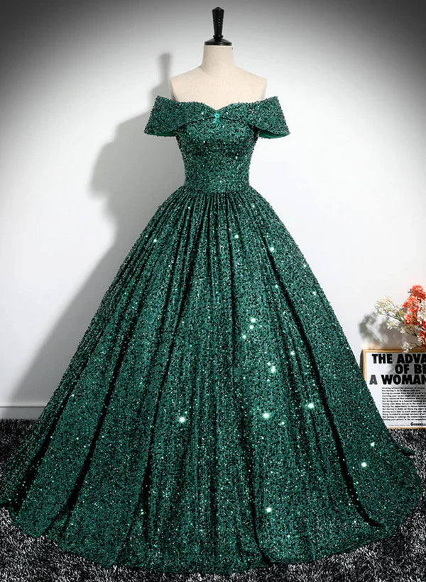 Luolandi A-Line Princess Glitter Dark Green Sequins Off Shoulder Ball Gown Prom Dress Formal Dress Sparkly