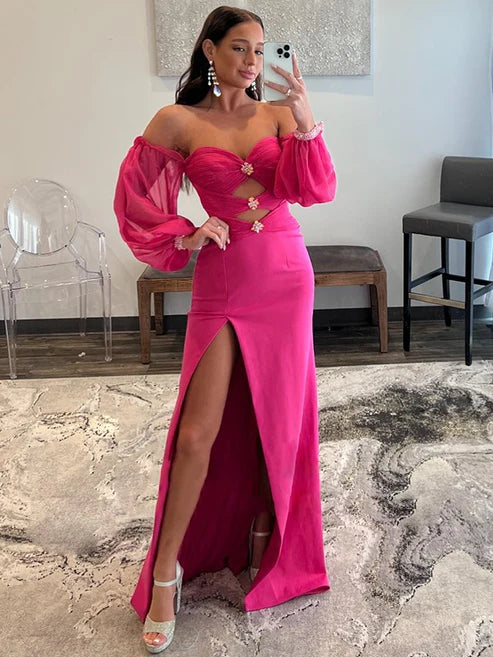 Luolandi Sheath/Column Chiffon Ruched Off-the-Shoulder Long Sleeves Sweep/Brush Train Dress Sexy Evening Dress