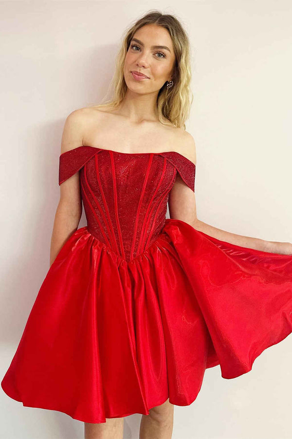 Luolandi Cute Off the Shoulder Red Beaded A-Line Party Dress Short Homecoming Dress