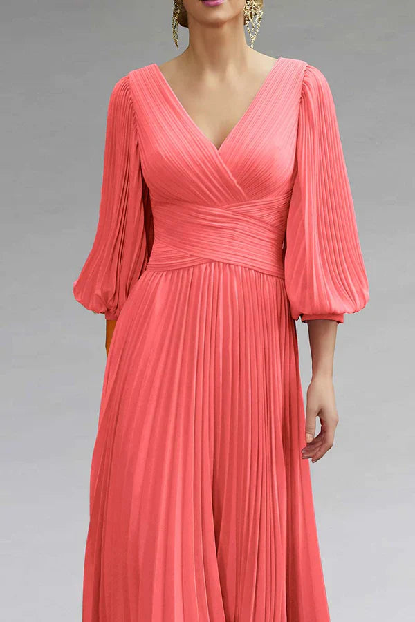 Luolandi A-line V-neck 3/4 sleeve plus size tea length mother of the bride dress Solid Color