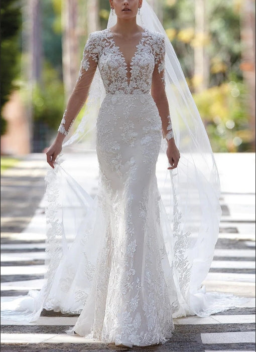 Luolandi Ivory Wedding Dress V Neck Mermaid Appliques Long Sleeve Bridal Dress Floor Length
