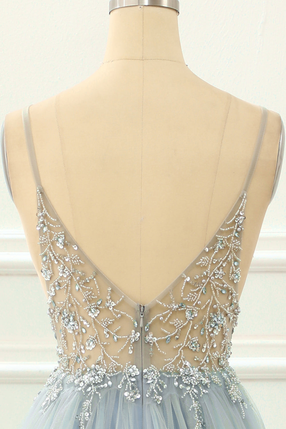 Luolandi Light Blue Beading Tulle A Line Sparkly Prom Dress V-neck Floor Length