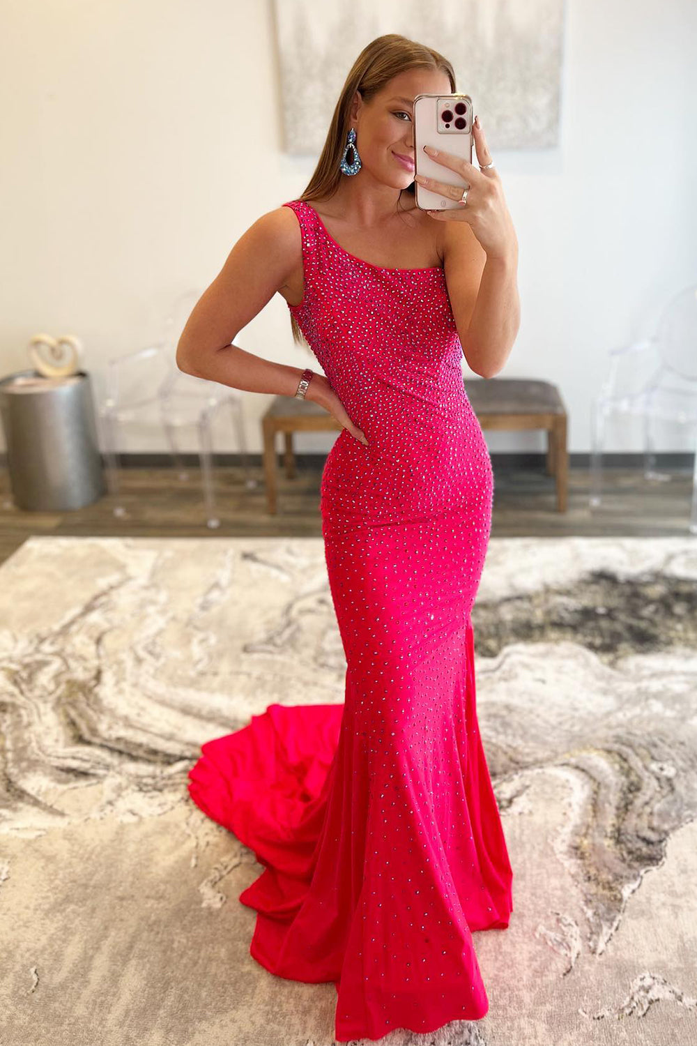 Luolandi Fuchsia One Shoulder Beaded Mermaid Prom Dress Sleeveless Sparkly Evening Dress
