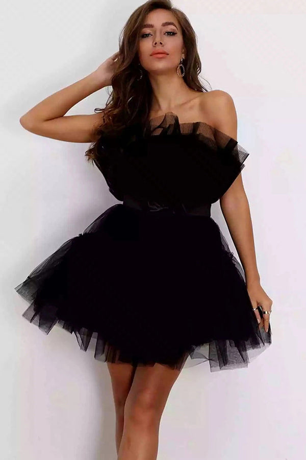 Luolandi Cute A Line Strapless Black Short Homecoming Dress Off Shoulder Party Dress
