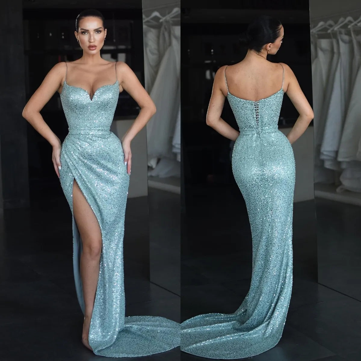 Luolandi Elegant Blue Mermaid Prom Dresses Spaghetti Sequins Evening Dress Lace Up Back Pleats Split Formal Long Special Occasion Party dress Sparkly