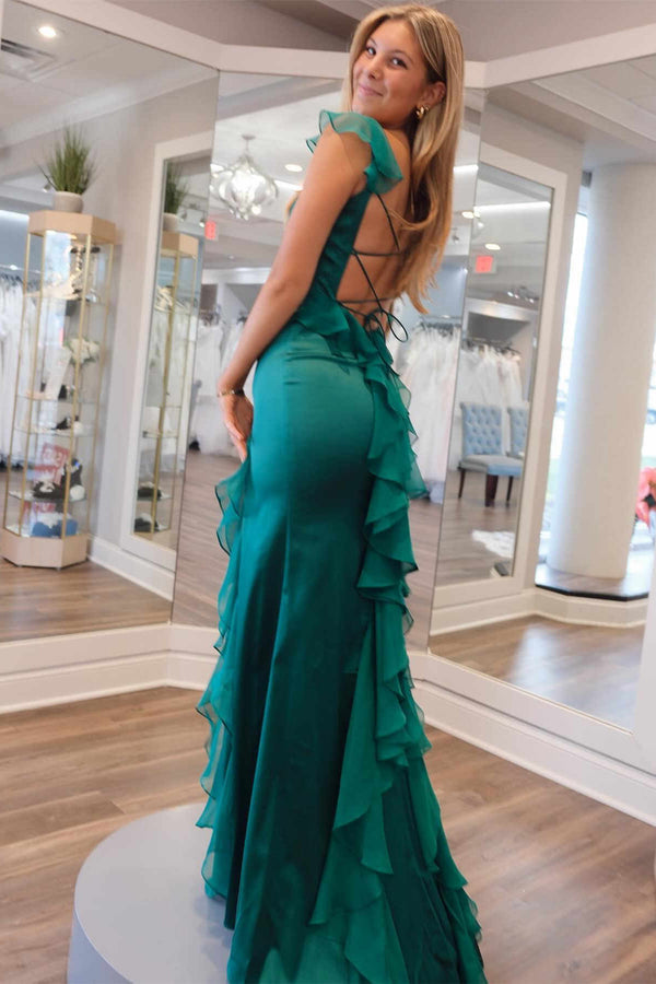 Luolandi Emerald Green Square Neck Ruffle Slit Prom Dress Party Dress Floor Length With Slit Evening Dress