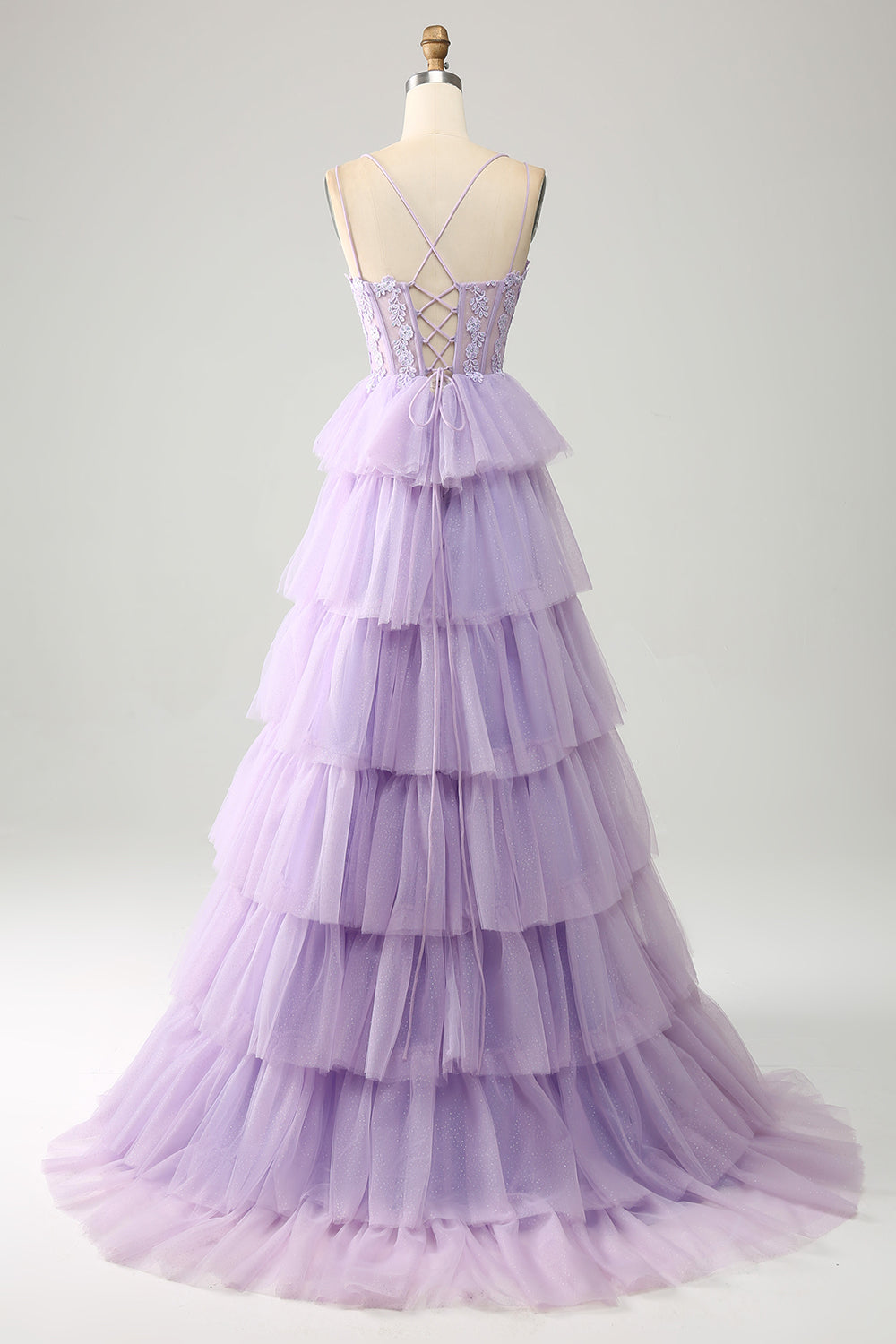 Luolandi Lilac Tulle Appliques Tiered Princess Corset Prom Dress Floor Length Beautiful