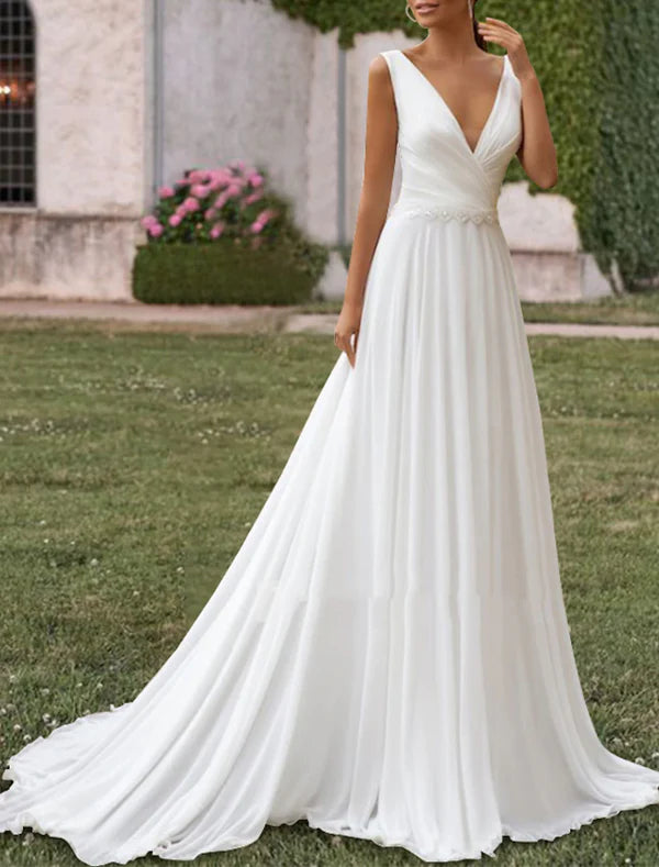 Luolandi Hall Simple Wedding Dresses A-Line V Neck Sleeveless Sweep / Brush Train Chiffon Bridal Gowns With Pleats Pearls Sexy