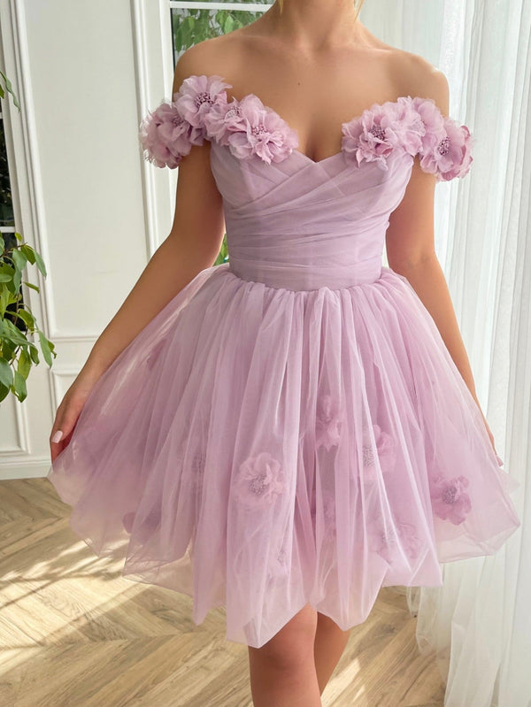 Luolandi A Line Strapless Short Tulle Homecoming Dress Off Shoulder Graduation Dress With Flowers