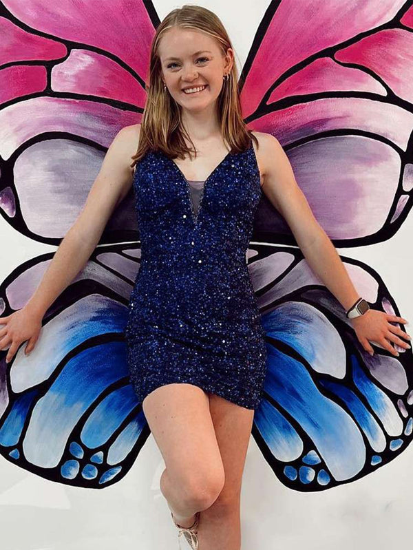 Luolandi Sheath Sequins V Neck Homecoming Dress Sparkly Party Dress