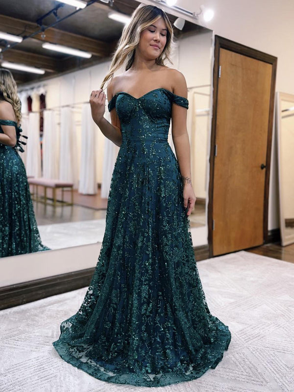 Luolandi Glitter Mermaid Off The Shoulder Dark Green Long Prom Dress Sparkly Evening Dress