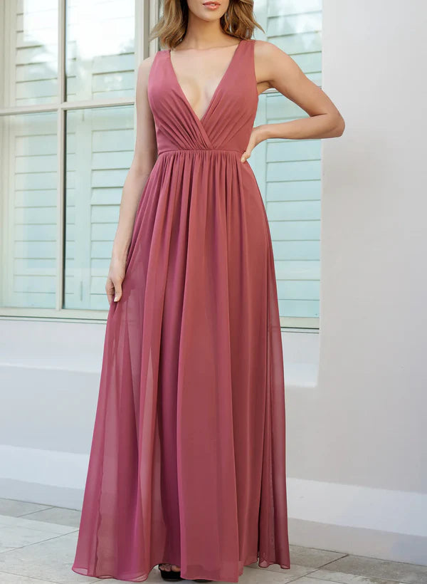 Luolandi A-Line/Princess Deep V-Neck Chiffon Floor-length Long Bridesmaid Dresses Sexy Party Dress