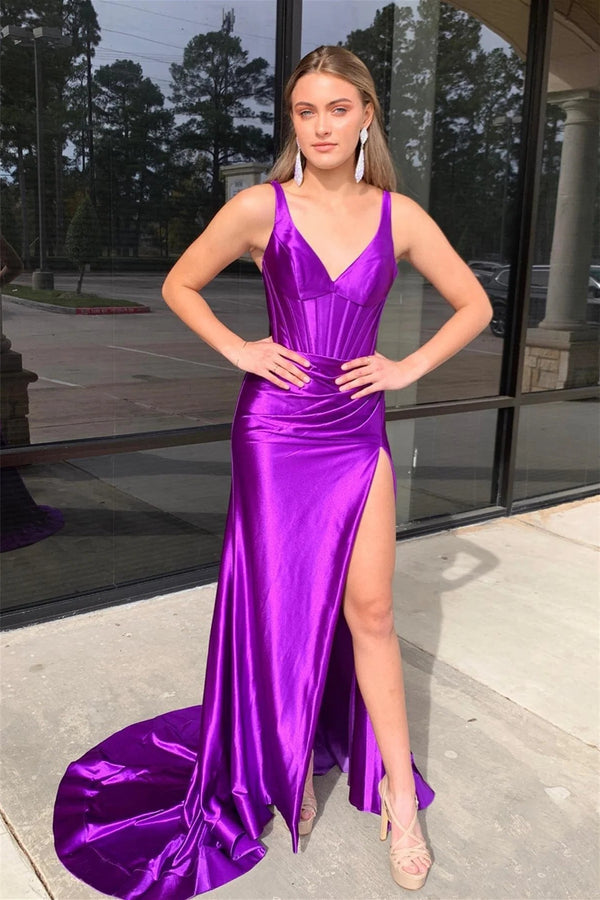 Luolandi Grape Mermaid Satin V Neck Long Prom Dress with Slit Sexy Evening Dress