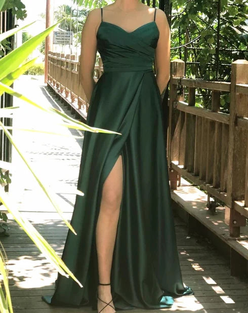 Luolandi Emerald Green Satin A-Line V Neck Spaghetti Strap Bridesmaid Dresses Split Evening Dress Party Dress