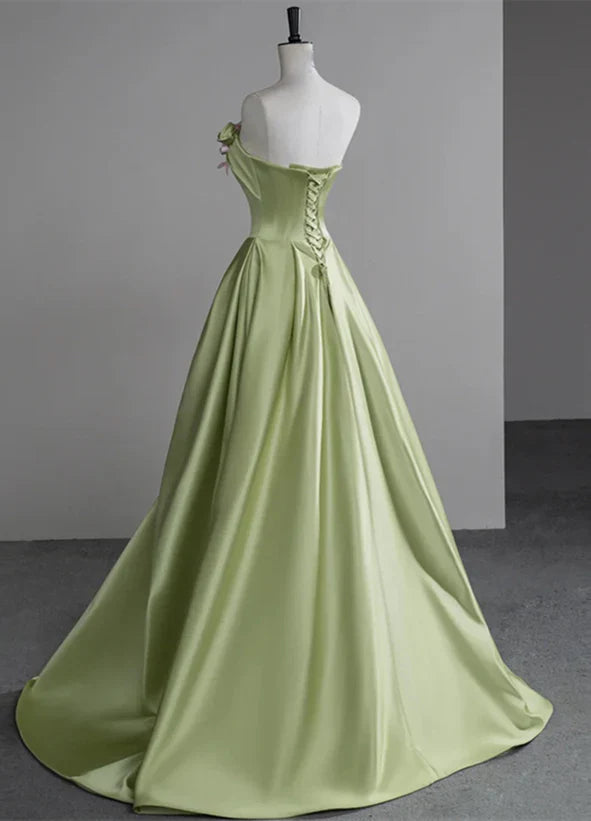 Luolandi Green A-line Ballgown Satin with Flowers Long Evening Dress Satin Prom Dress Evening Dress