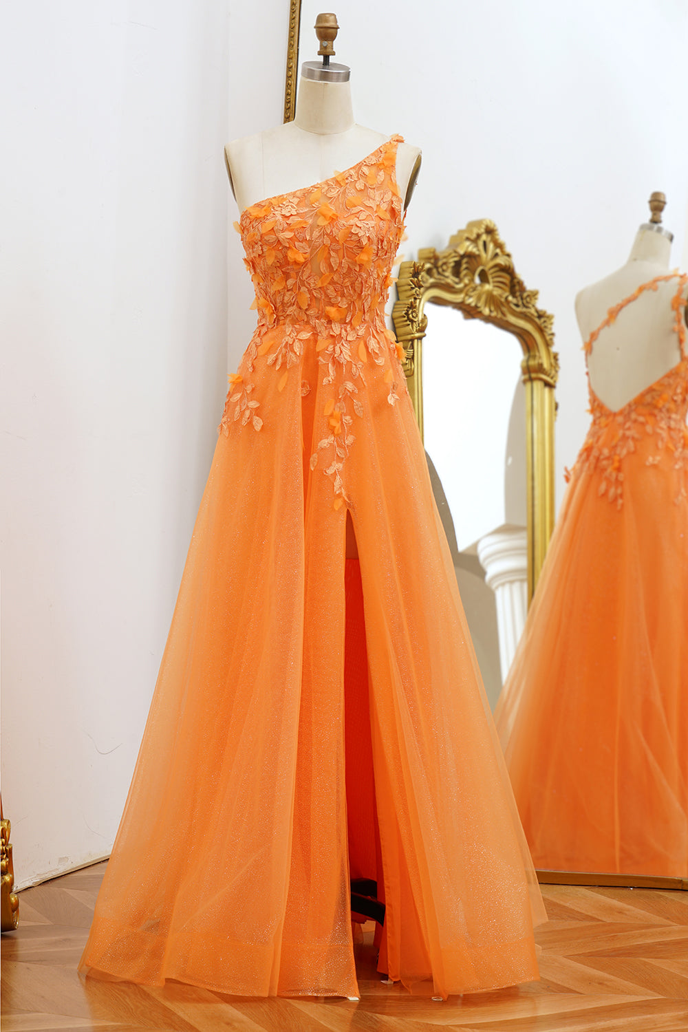 Luolandi Orange A-Line Appliqued One Shoulder Tulle Prom Dress Floor Length With Slit
