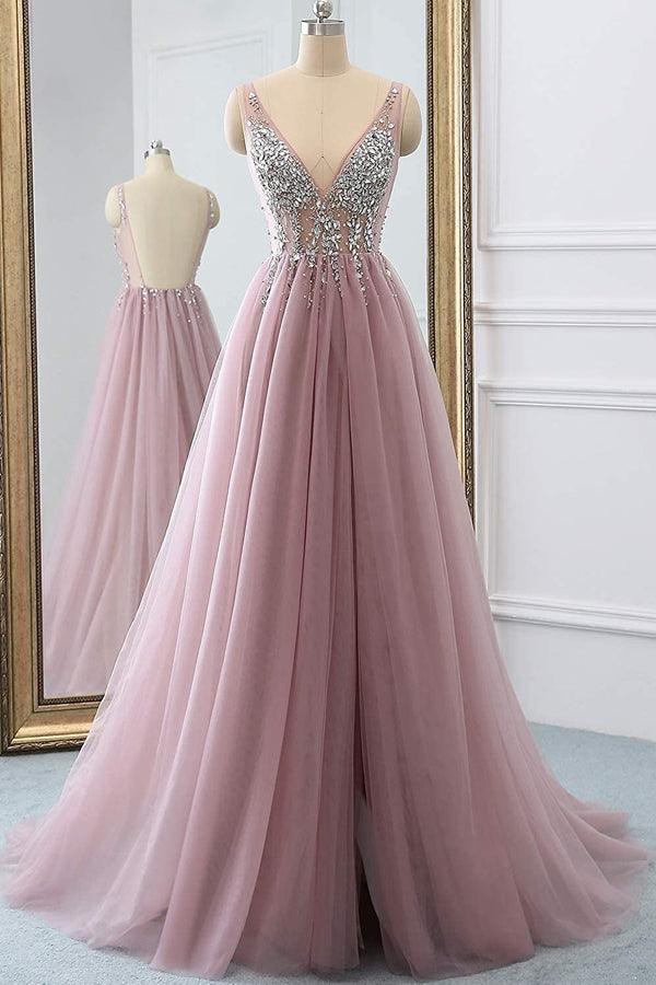 Luolandi A Line Sparkly V Neck Tulle Long Prom Dress Open Back Floor Length With Slit Sexy