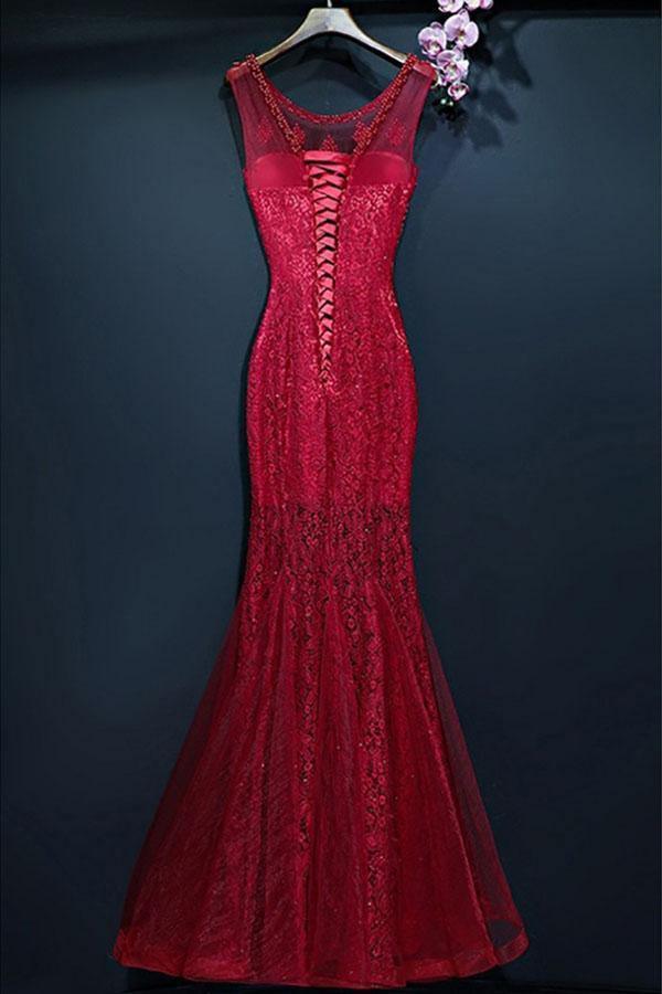 Luolandi Mermaid Formal Lace Sleeveless Long Prom Dresses Elegant Burgundy Evening Dress