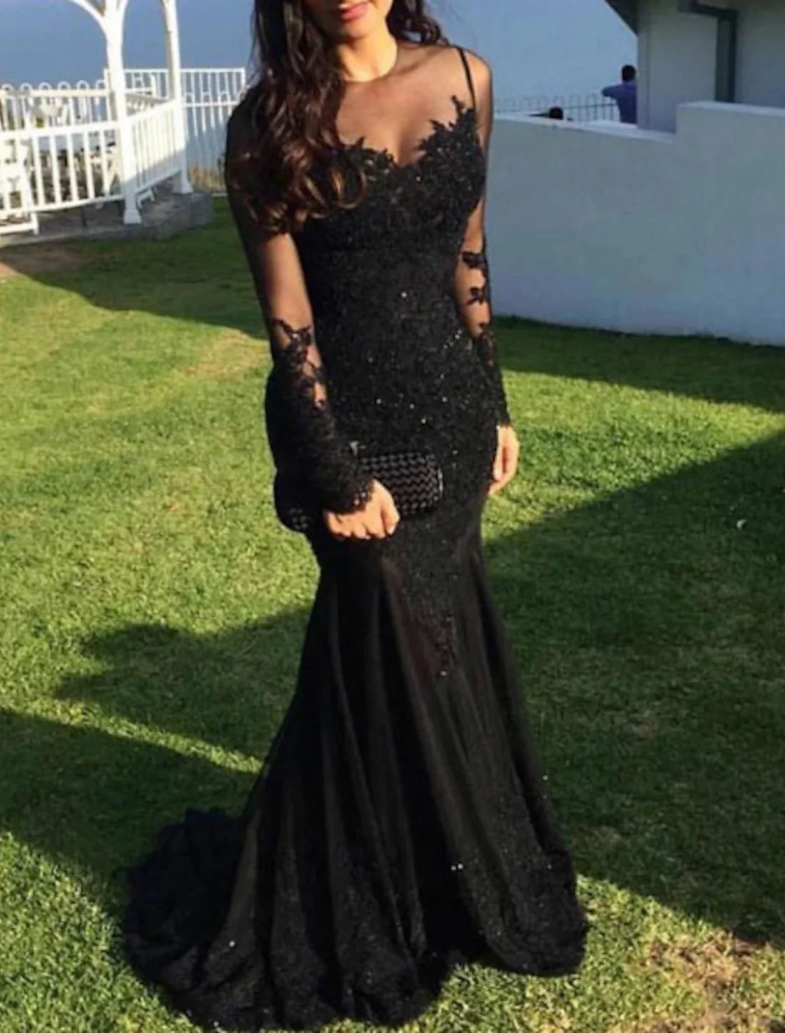 Luolandi Mermaid Black Dress Evening Gown Sequin Prom Dress Sparkle Formal Gown Sweep / Brush Train Long Sleeve Illusion Neck Lace with Appliques Elegant