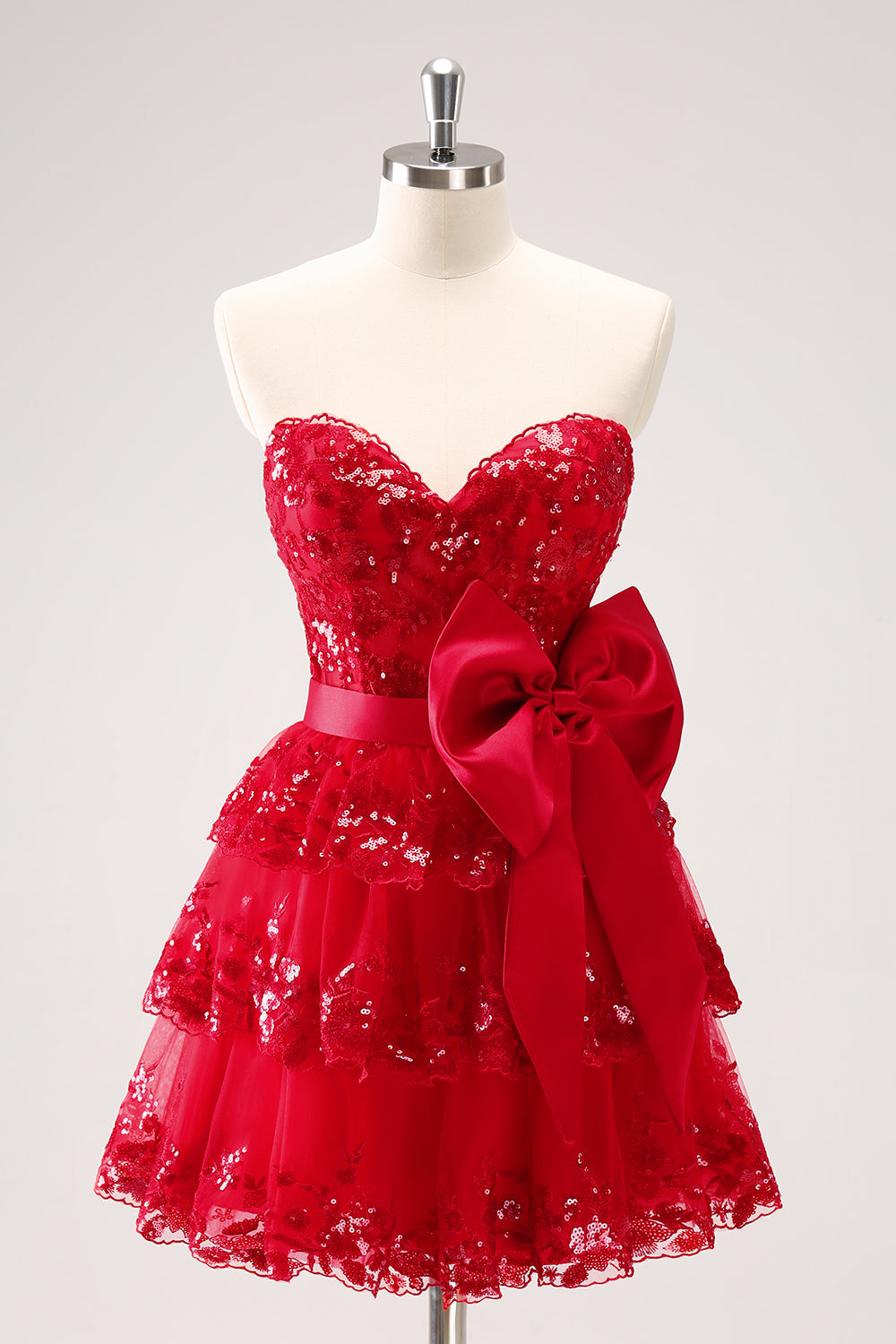 Luolandi Sparkly Red A Line Sweetheart Corset Tiered Ruffle Homecoming Dress with Bows Off Shoulder