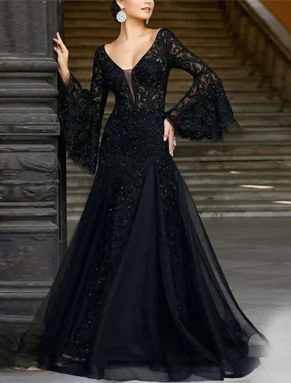 Luolandi A-Line Evening Gown Black Dress Vintage Formal Wedding Guest Floor Length Long Sleeve V Neck Lace with Appliques Elegant