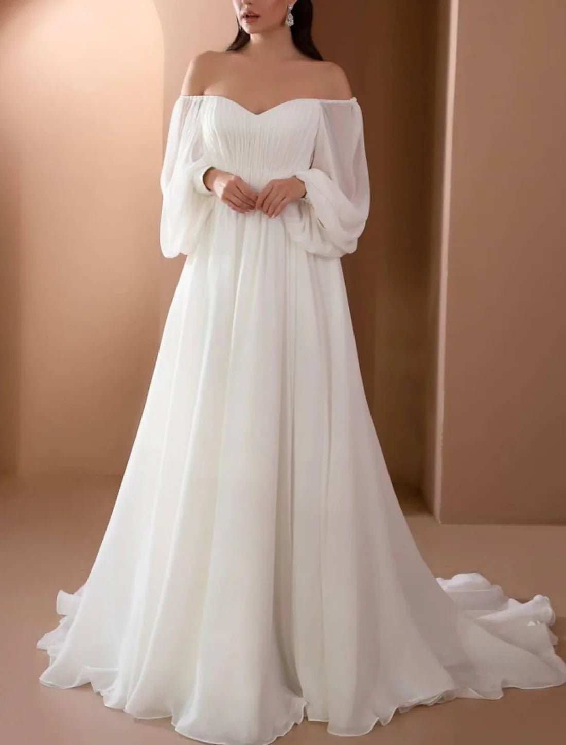 Luolandi Beach Vintage Wedding Dresses A-Line Off Shoulder Long Sleeve Court Train Chiffon Bridal Gowns With Pleats