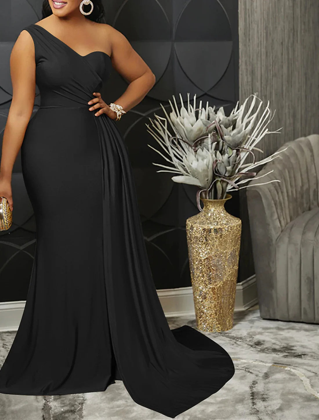 Luolandi Mermaid / Trumpet Party Dresses Elegant Dress Wedding Guest Semi Formal Sweep / Brush Train Sleeveless One Shoulder Spandex with Ruched Slit Evening Dress