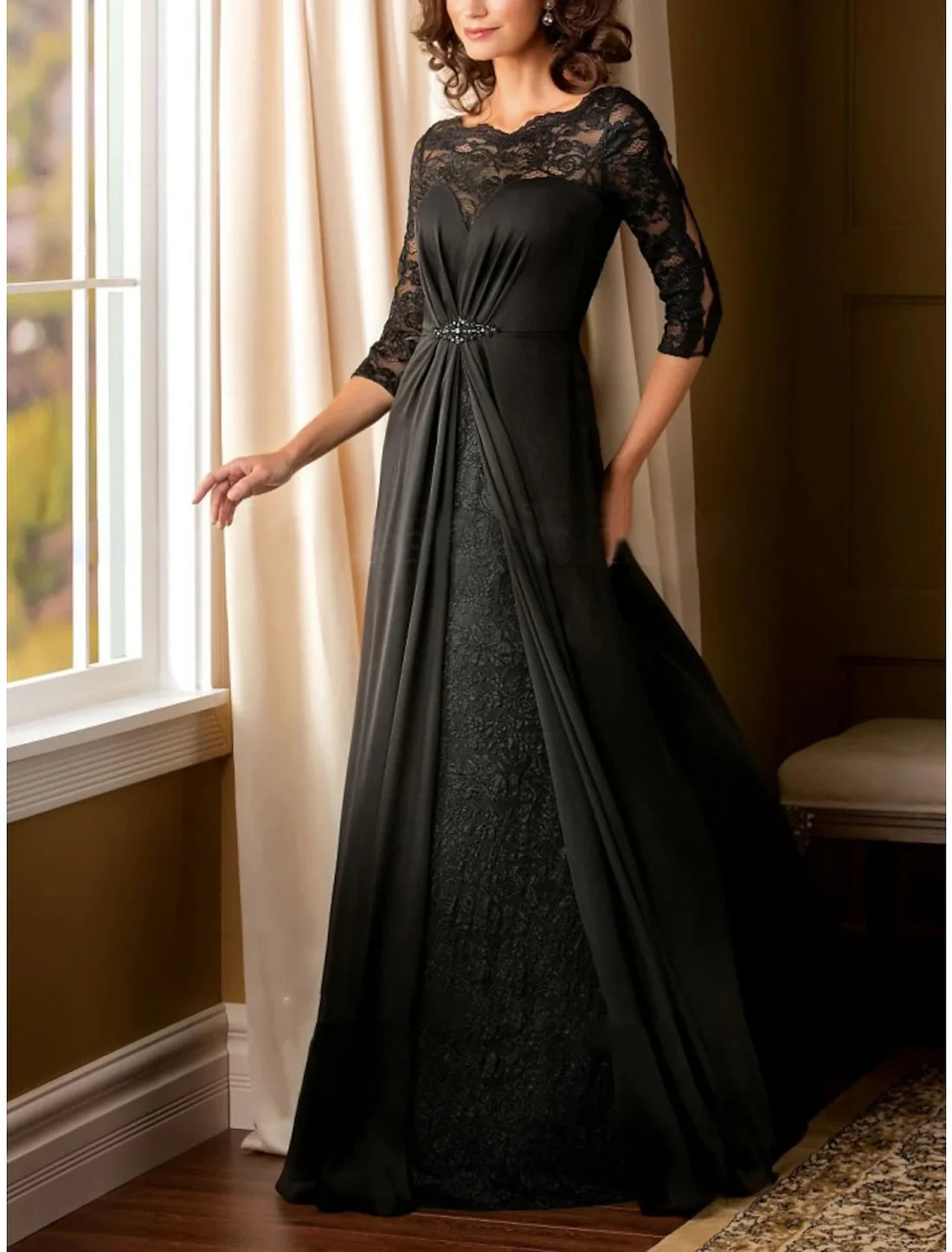 Luolandi A-Line Mother of the Bride Dress Wedding Guest Elegant Scoop Neck Floor Length Chiffon Half Sleeve with Lace Beading Ruching Black