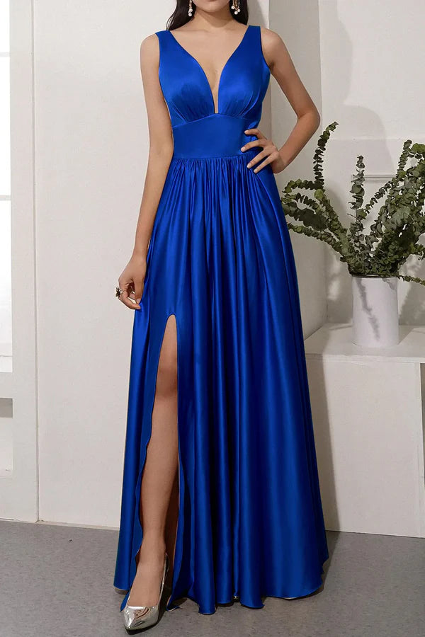 Luolandi Off shoulder satin backless and floor length front slit prom dress Sexy Evening Dress