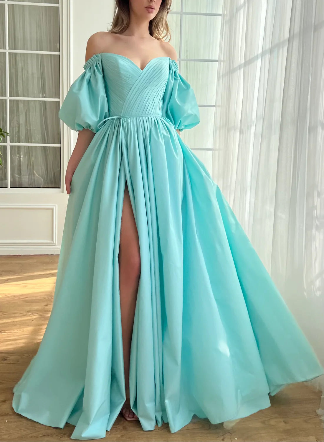Luolandi Charming Aquamarine Gown Off Shoulder A-Line Floor-length Prom Dress Evening Dress With Slit