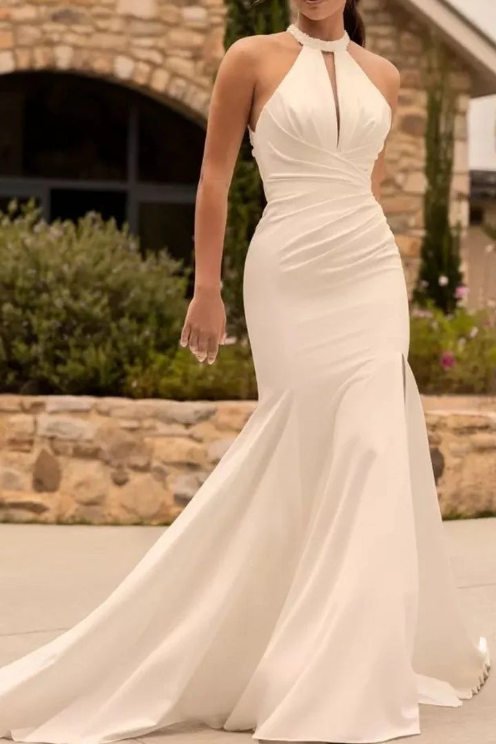 Luolandi Elegant Wedding Dress Mermaid Halter Neck Beaded Bridal Dress With Sweep Train Elegant