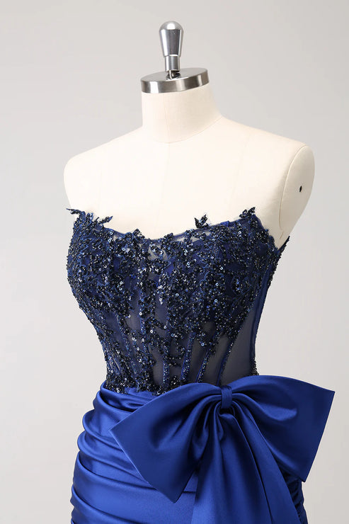 Luolandi Sparkly Navy Strapless Beaded Appliques Tight Homecoming Dress Off Shoulder With Bow(s)