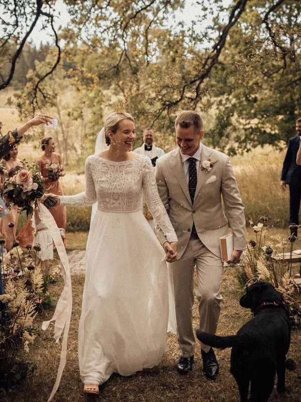 Luolandi Simple Lace Chiffon A-line Backless Wedding Dresses Country With Long Sleeves Gowns Elegant