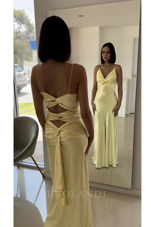 Luolandi Yellow V Neck Straps Long Prom Dress Wedding Guest Dress Charming Evening Party Dress