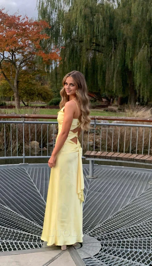 Luolandi Yellow V Neck Straps Long Prom Dress Wedding Guest Dress Charming Evening Party Dress