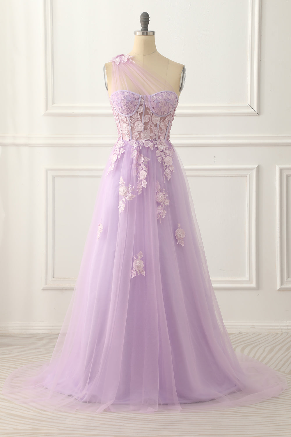 Luolandi Sky Blue Tulle A-Line One Shoulder Prom Dress With Appliques Floor Length Beautiful