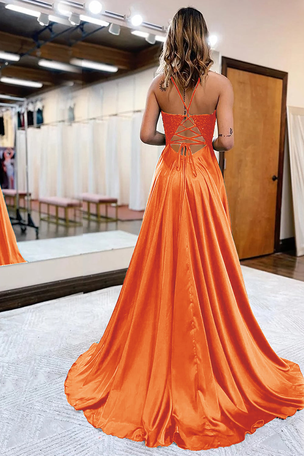 Luolandi Peacock Green Satin A-Line Appliques Prom Dress With Slit Sexy Evening Dress