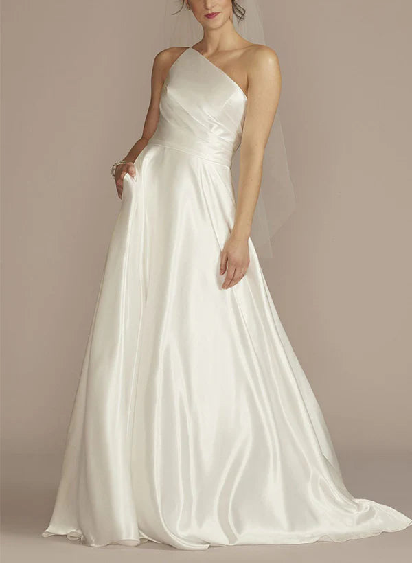 Luolandi A-Line One-Shoulder Sleeveless Sweep Train Silk Like Satin Wedding Dresses Simple Elegant