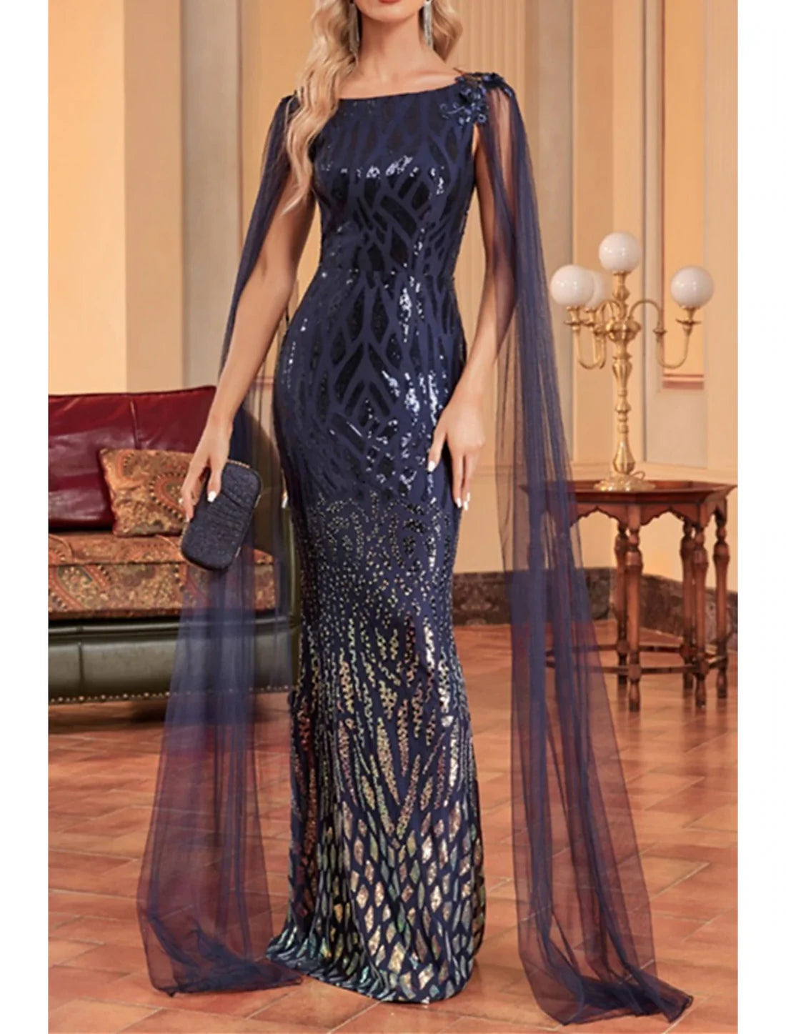 Luolandi Mermaid / Trumpet Mother of the Bride Dress Wedding Guest Party Sparkle & Shine Bateau Neck Floor Length Tulle Sequined Sleeveless with Sequin Draping Evening Dress