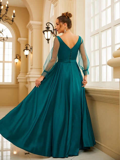 Luolandi A-Line/Princess Charmeuse Ruffles Square Long Sleeves Floor-Length Dresses Evening Dress