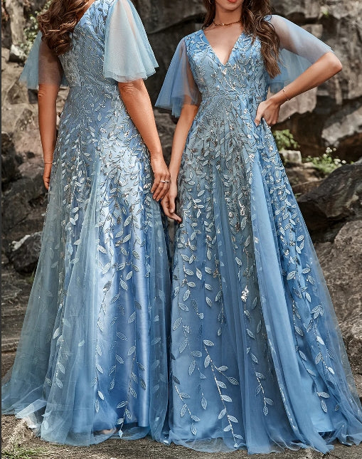 Luolandi Blue A Line Tulle Prom Dress With Lace Appliques Short Sleeve Floor Length