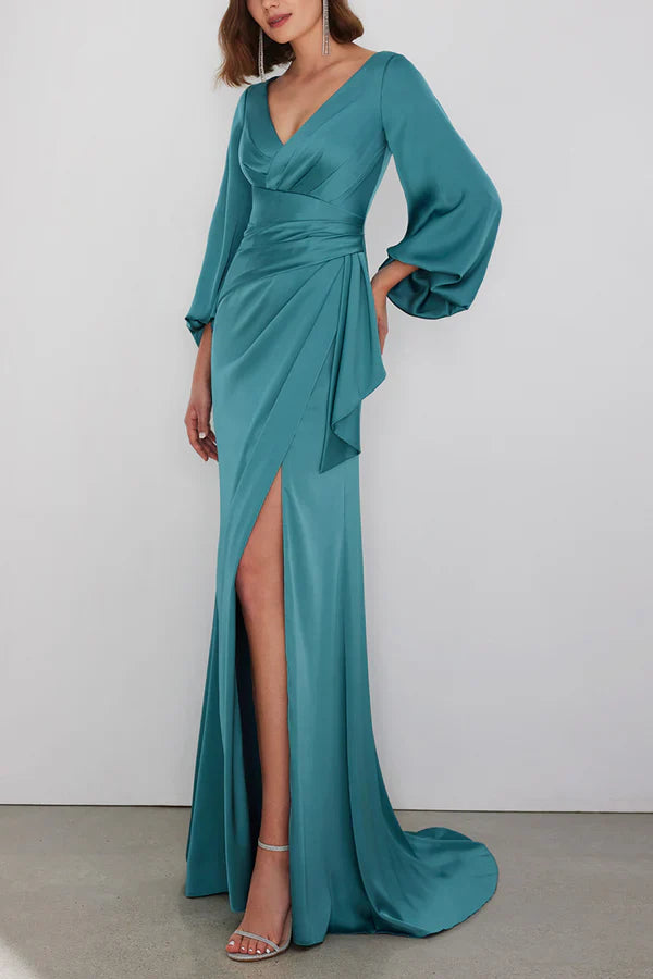 Luolandi Leisure speaker V-neck long sleeved side slit mother of the bride dress Floor Length