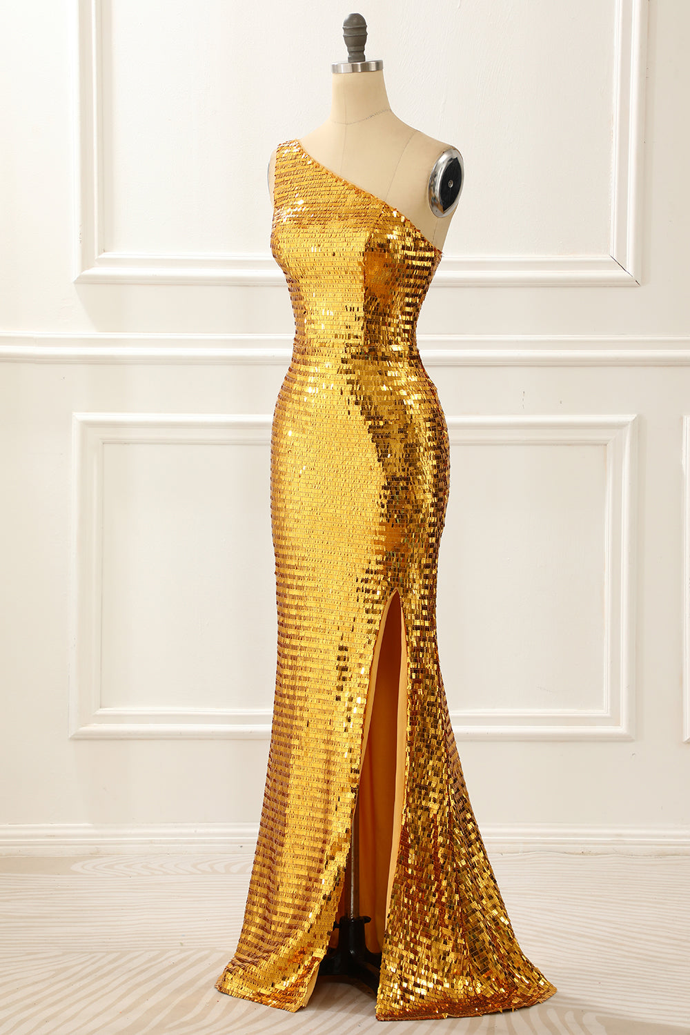 Luolandi One Shoulder Gold Sparkly Prom Dress With Slit Floor Length Evening Dress