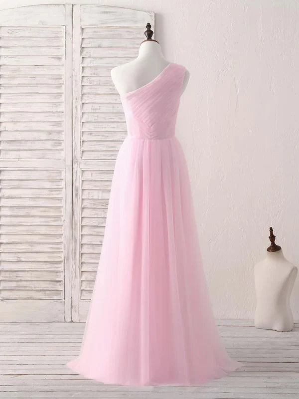 Luolandi Pink Tulle One Shoulder Long Prom Dress Pink Bridesmaid Dress Solid Color