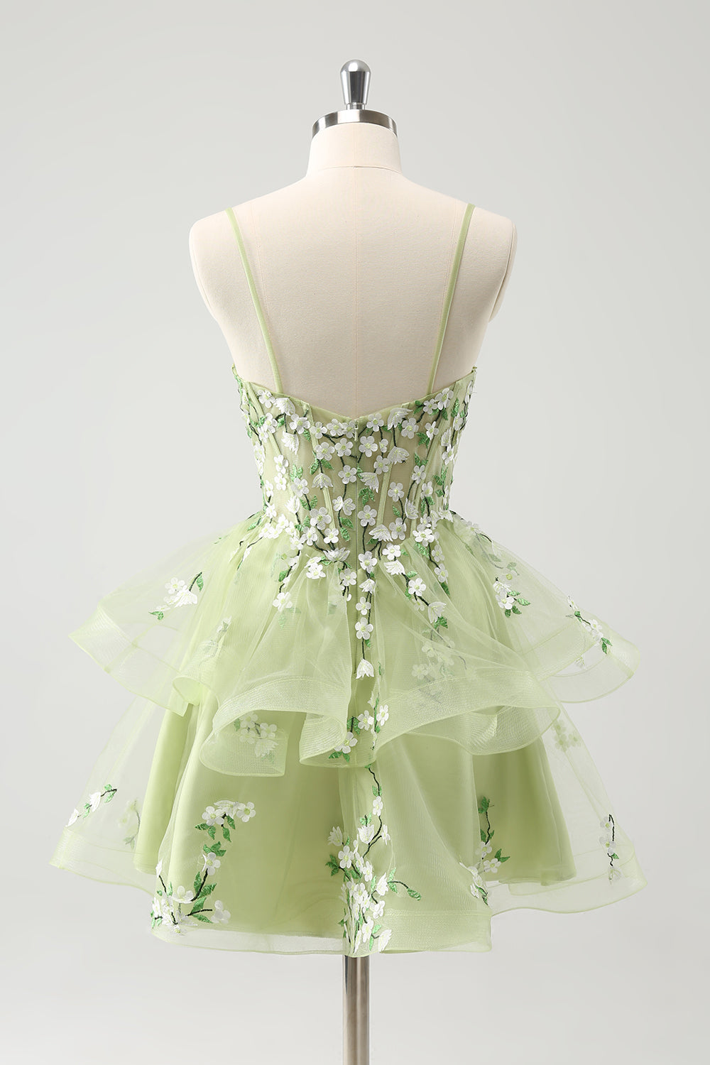 Luolandi Floral Light Green A Line Spaghetti Straps Corset Short Homecoming Dress with Appliqued Flowers
