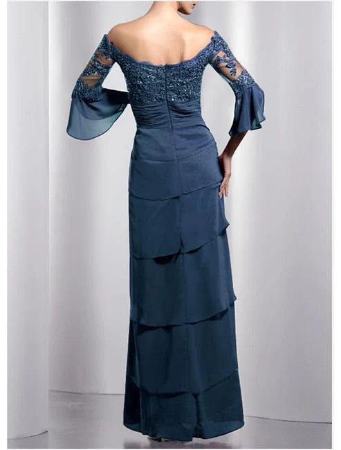 Luolandi A-Line Mother of the Bride Dress Wedding Guest Elegant & Luxurious Off Shoulder Floor Length Chiffon Lace Half Sleeve with Sash / Ribbon Bow(s)
